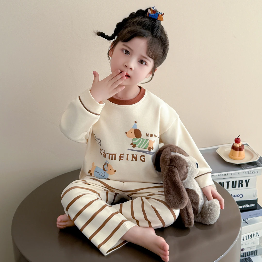 儿童纯棉睡衣春秋款2025新款套装女童女孩宝宝卡通小狗条纹家居服