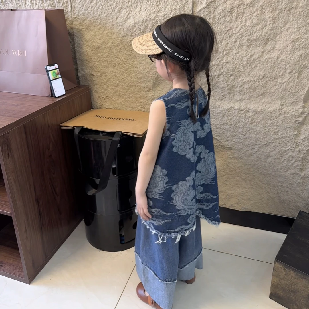 现货MZ.儿童夏季薄款国风暗纹气质不规则两件套套装1593