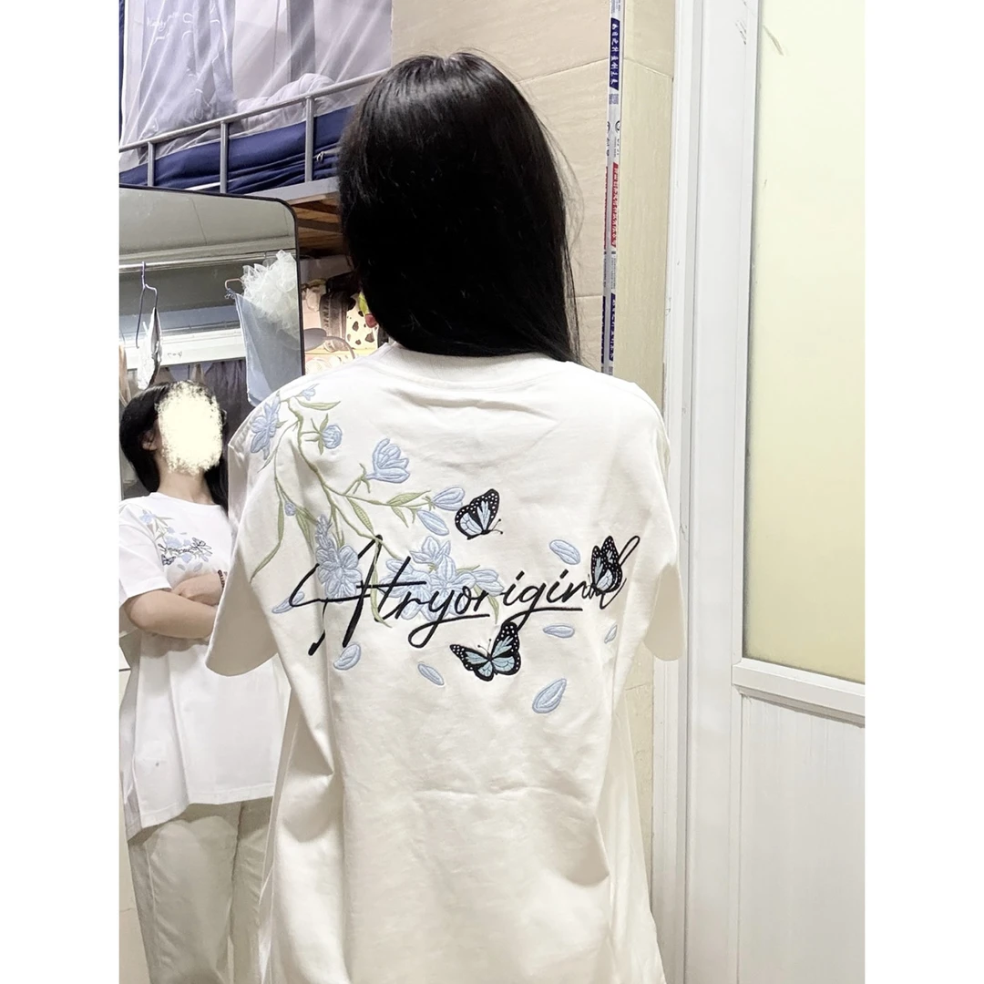 蓝花卉字母刺绣短袖t恤女夏季设计感小众美式复古国潮牌纯棉上衣