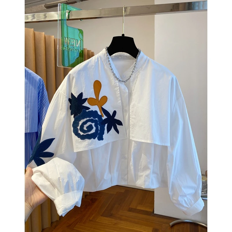 6425欧货贴布刺绣白色衬衫女长袖2025新款宽松设计感小众短款上衣