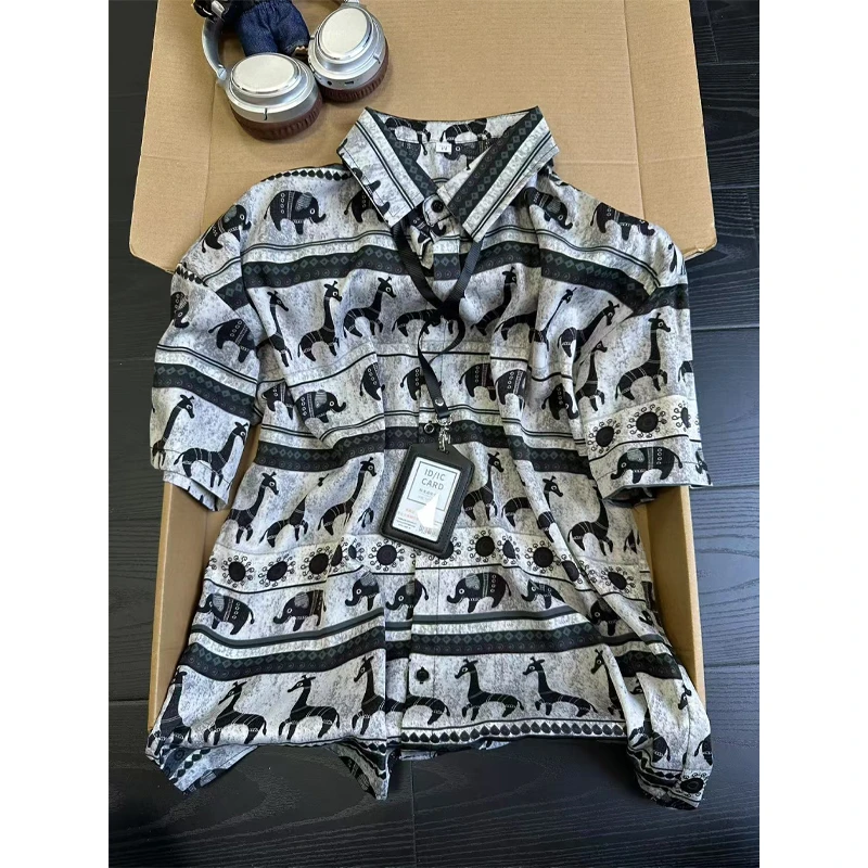 美式复古冰丝短袖衬衫男夏季薄款慵懒风垂感衬衣宽松休闲翻领半袖