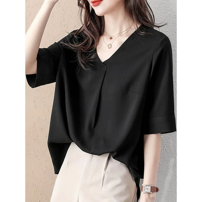 雪纺短袖t恤女夏2025新款黑色法式气质V领小衫设计感冰丝半袖上衣