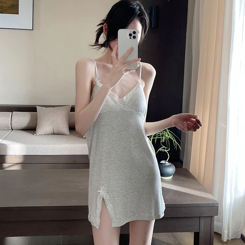 吊带睡裙女款夏季莫代尔休闲薄款纯欲风性感带胸垫v领白灰睡衣裙