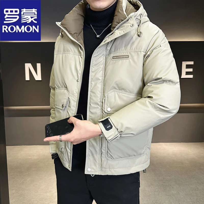 Romon/罗蒙男士羽绒服冬季2024新款潮牌连帽短款加厚防寒衣服外套