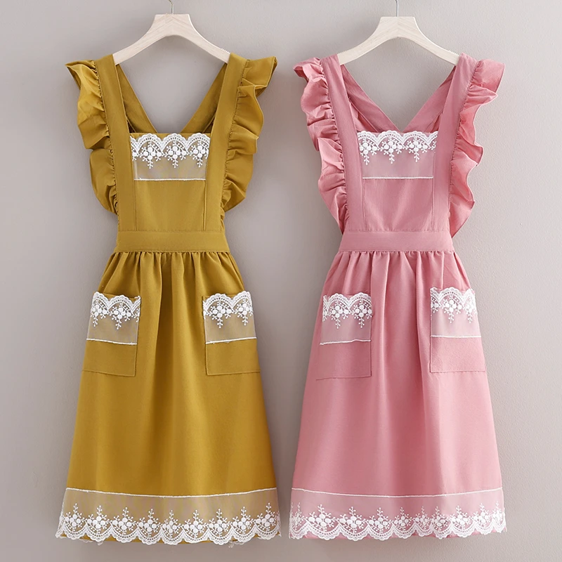 厨房餐饮专用高颜值蕾丝女款背带围裙时尚双口袋透气防污工作服