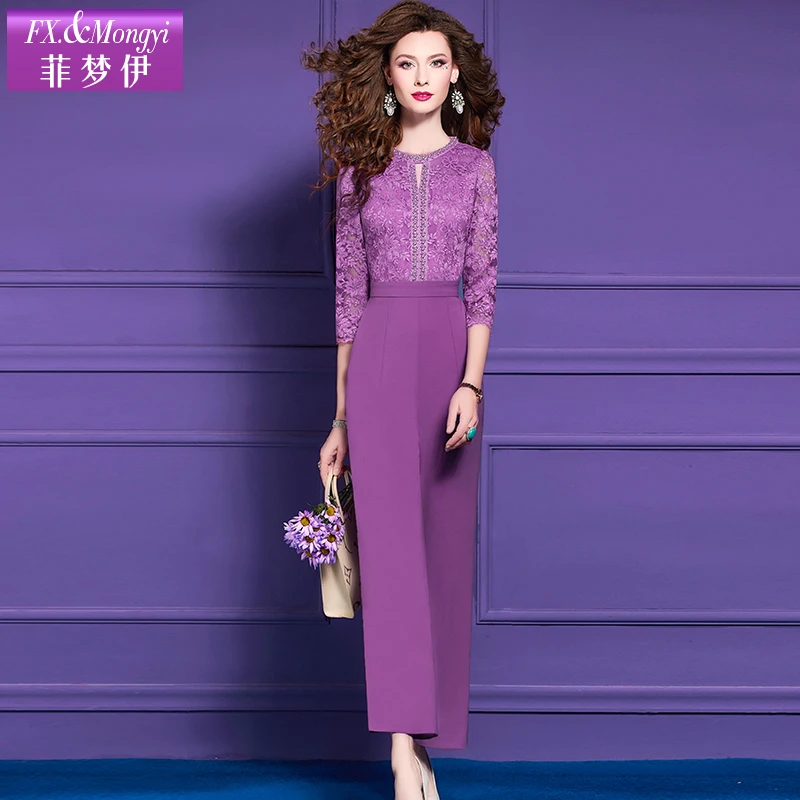 菲梦伊蕾丝绣花连体裤女秋季高腰显瘦收腰时尚百搭连体裤62196