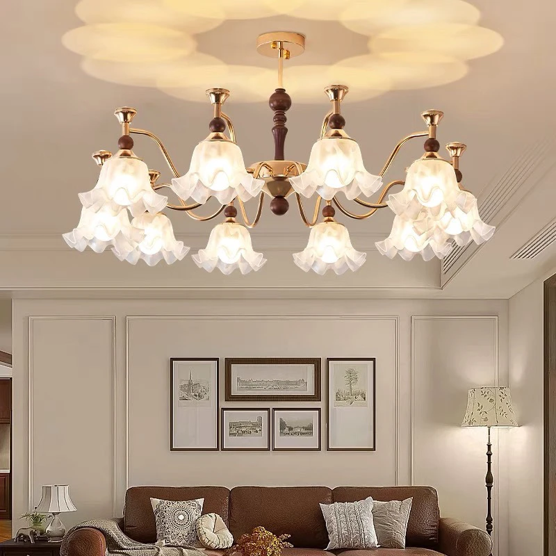 餐厅客厅吊灯法式吊灯中古风实木复古灯带投影射灯铃兰花朵卧室C2