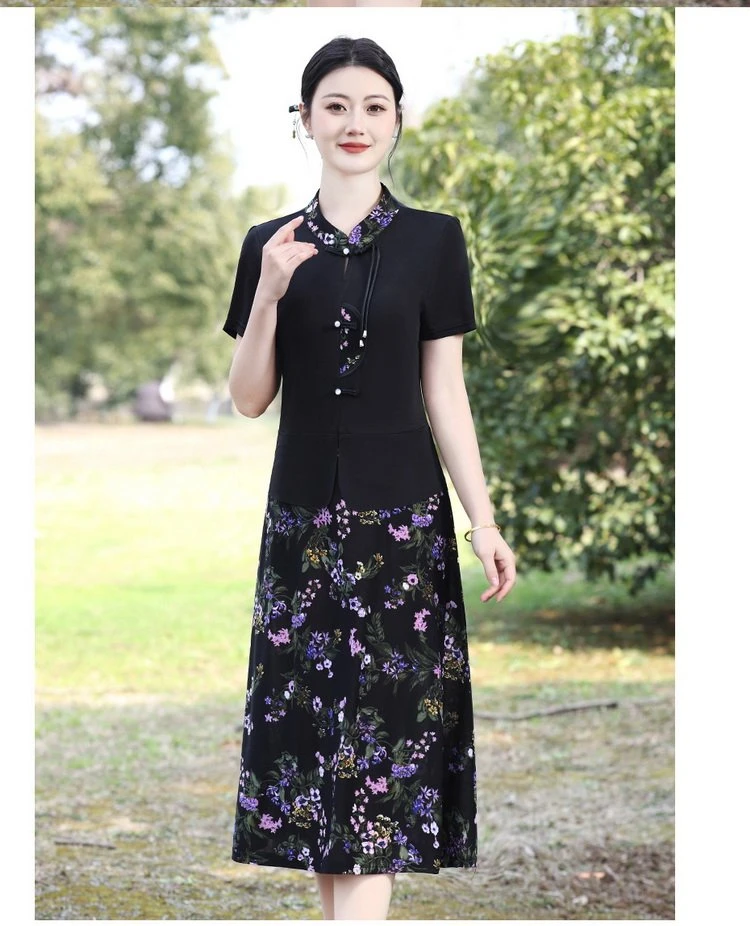 时尚新款立领连体口袋裙气质洋气夏季中老年