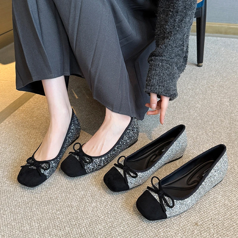 内增高方头亮片女单鞋蝴蝶结水钻平底鞋加肥加宽大码女鞋