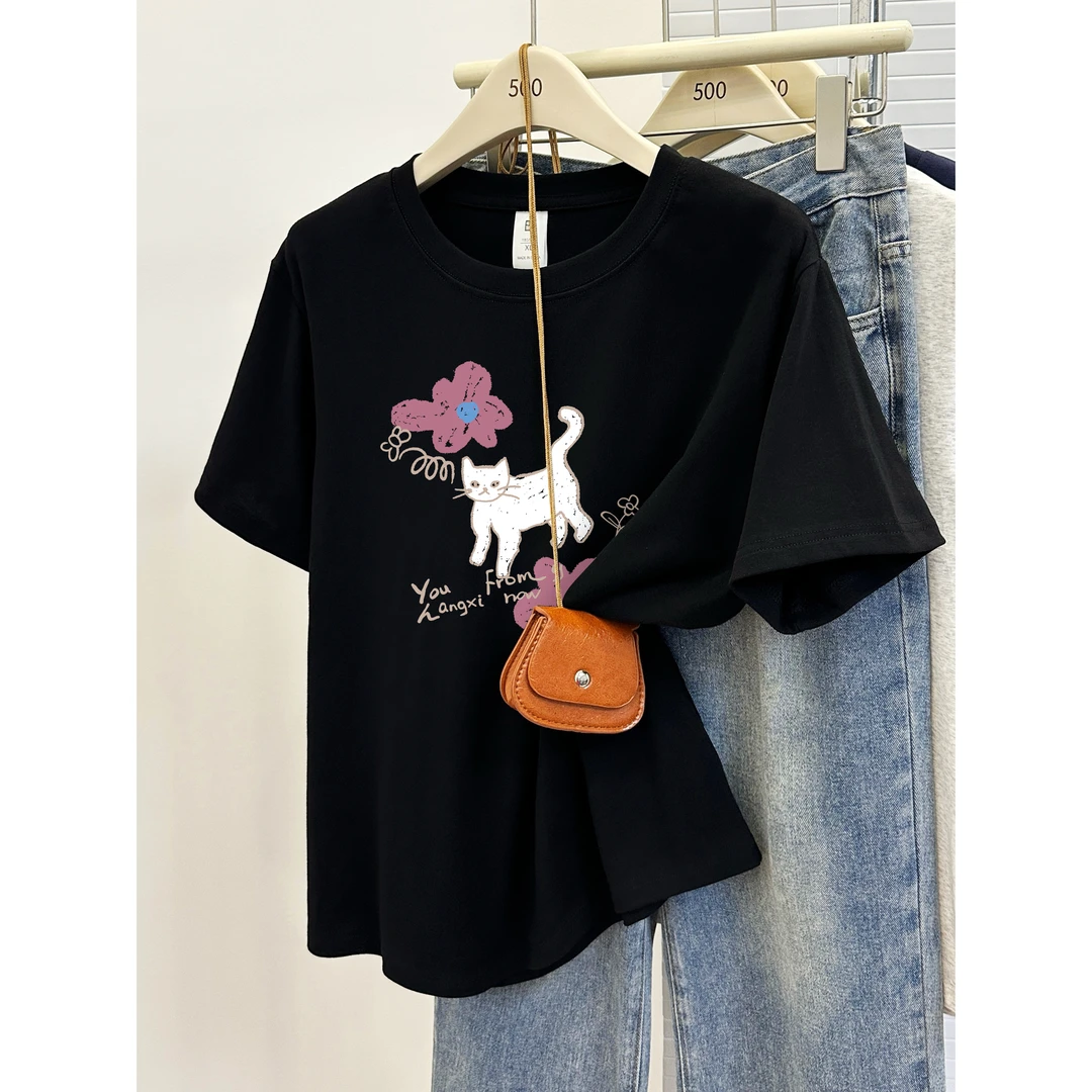 韩版正肩大码短袖T恤女夏季2025新款设计感印花胖MM穿搭上衣