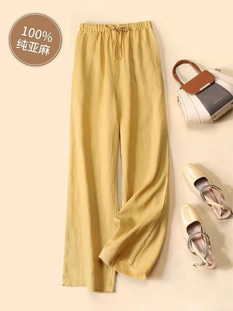 高端黄色亚麻裤子女夏季薄款直筒长裤2025新款阔腿裤棉麻休闲女裤