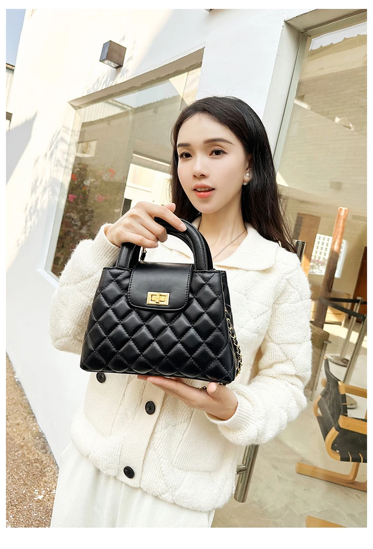 小香风菱格手提包包女2025新款高级质感真皮链条包百搭单肩斜挎包