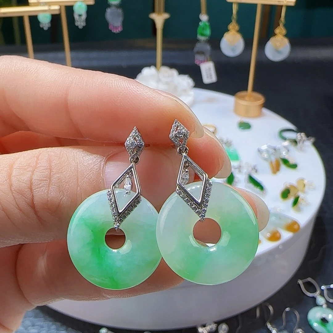 翡翠18K金镶嵌耳饰耳**目天然缅甸a货翡翠