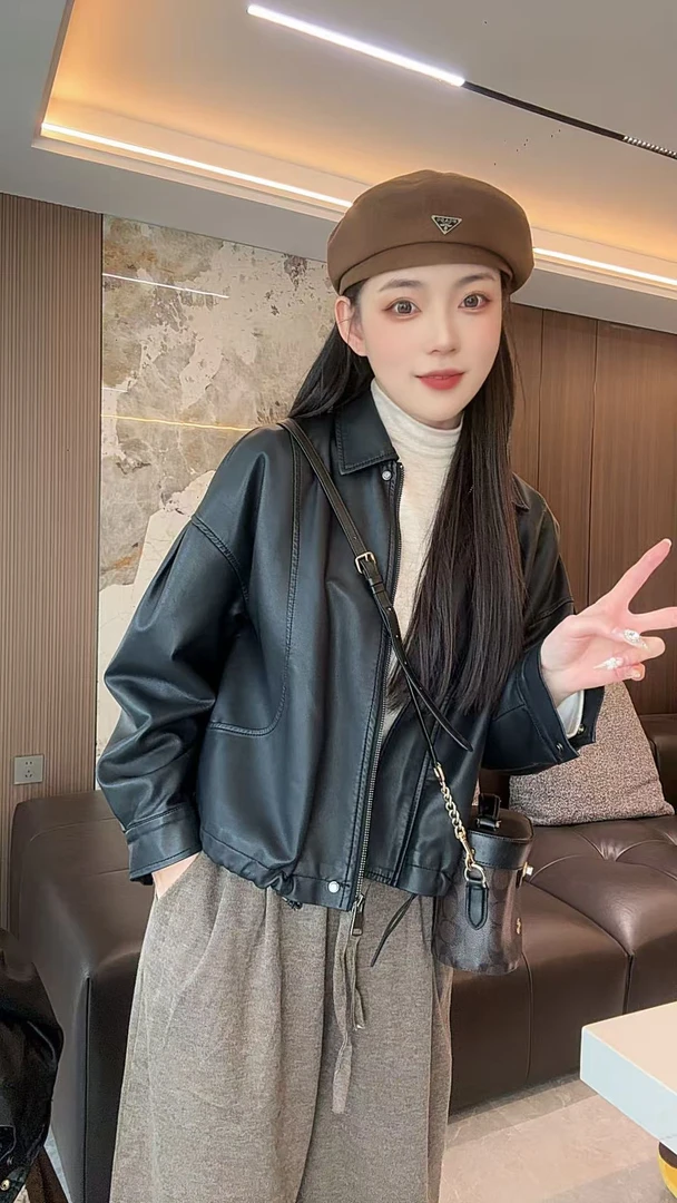 2025春秋季皮衣短款翻领时尚短外套韩版58815百搭网红宽松复古