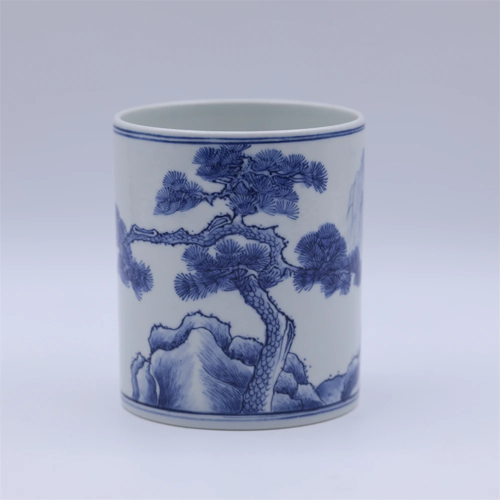 古董/古玩/瓷器 青花山水人物纹笔筒LOT3940/老物件