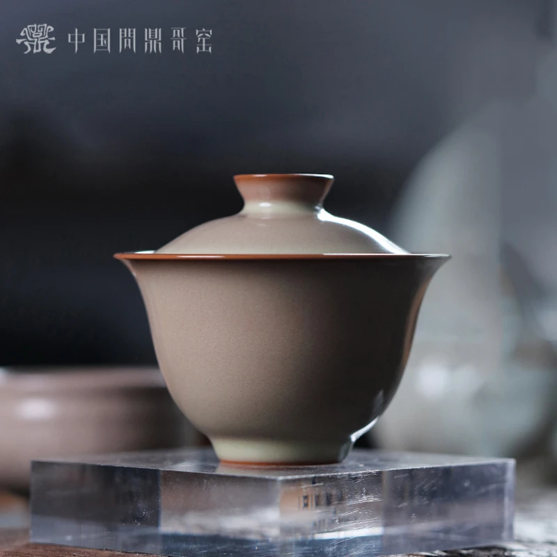 问鼎哥窑无纹金标款知远二才盖碗
