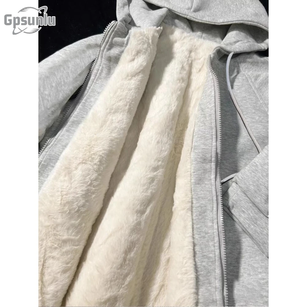 gpsunlu连帽休闲卫衣厚外套女冬季新款小个子加绒加厚保暖开衫