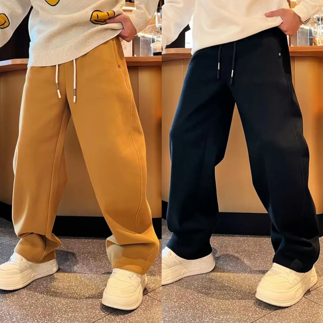秋冬新款加绒加厚刺绣直筒卫裤男士时尚百搭宽松保暖休闲裤长裤