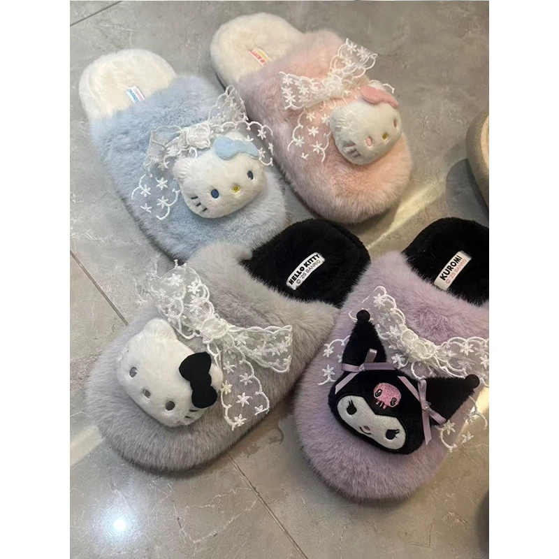 【qianqian】蕾丝三丽鸥盆底博肯拖鞋棉拖鞋秋冬