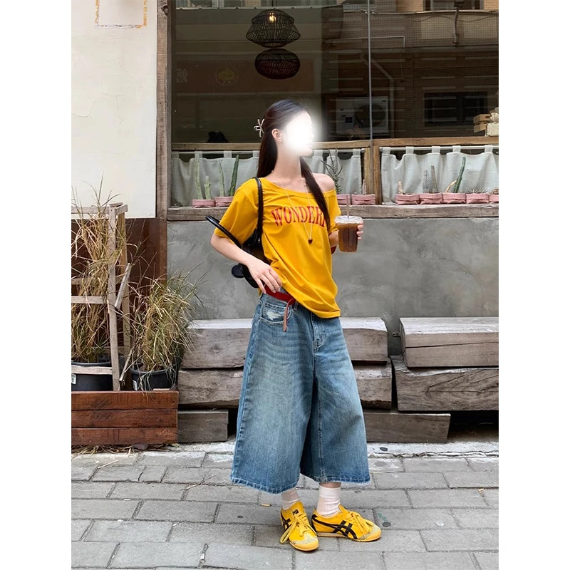 2025夏季新款蓝色宽松阔腿七分牛仔裤女夏季美式复古直筒八分裤子