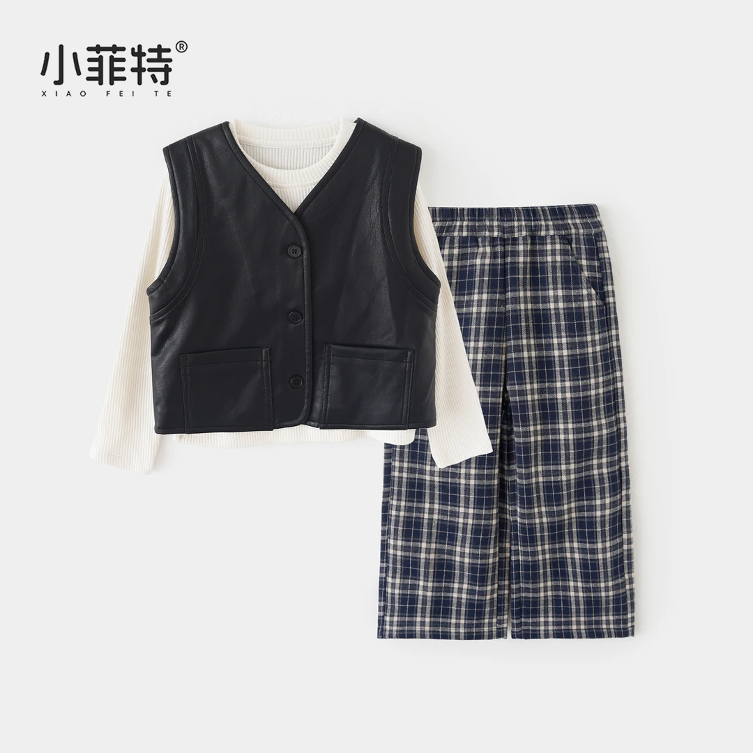 【马甲+打底衫+长裤】小菲特女童秋装新款格子长裤三件套BGTQ52952