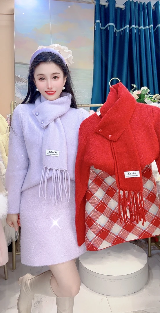 温柔带围巾可拆卸毛衣开衫外套软糯宽松针织衫衣半身A字裙套装