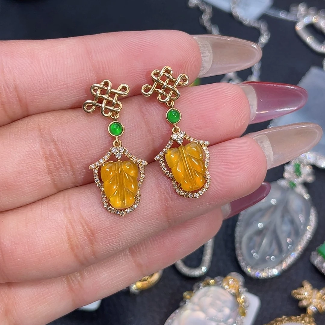 18K金镶嵌翡翠耳饰叶子