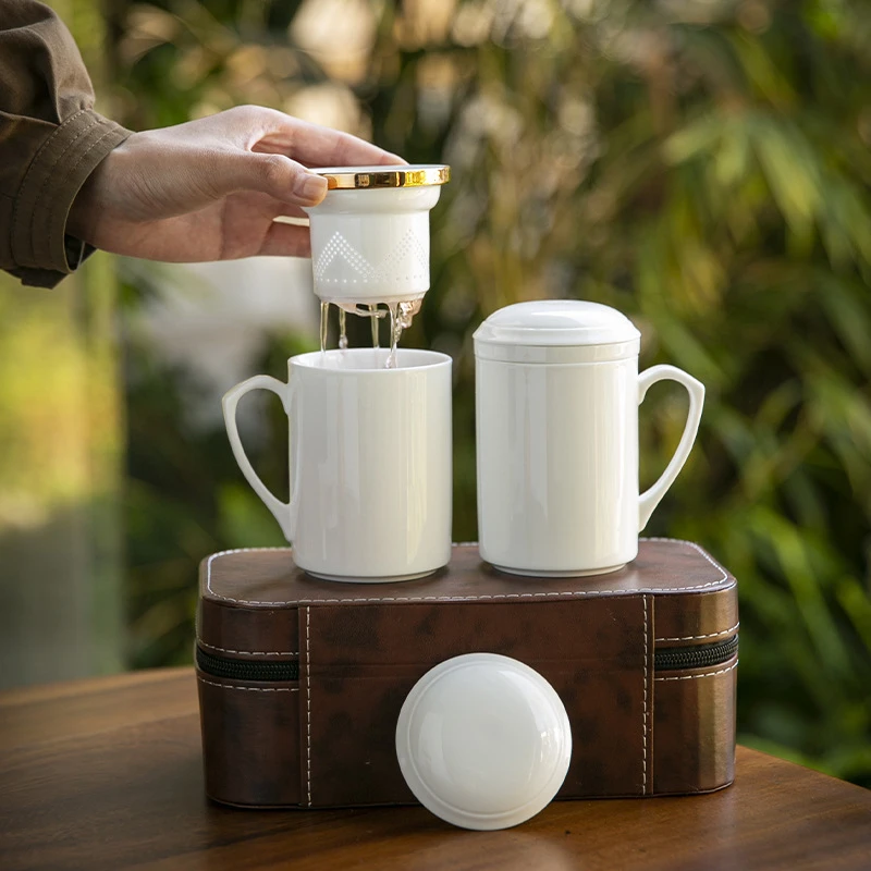 德化白瓷办公杯陶瓷杯带盖子带过滤居家办公创意简约水杯茶水分离