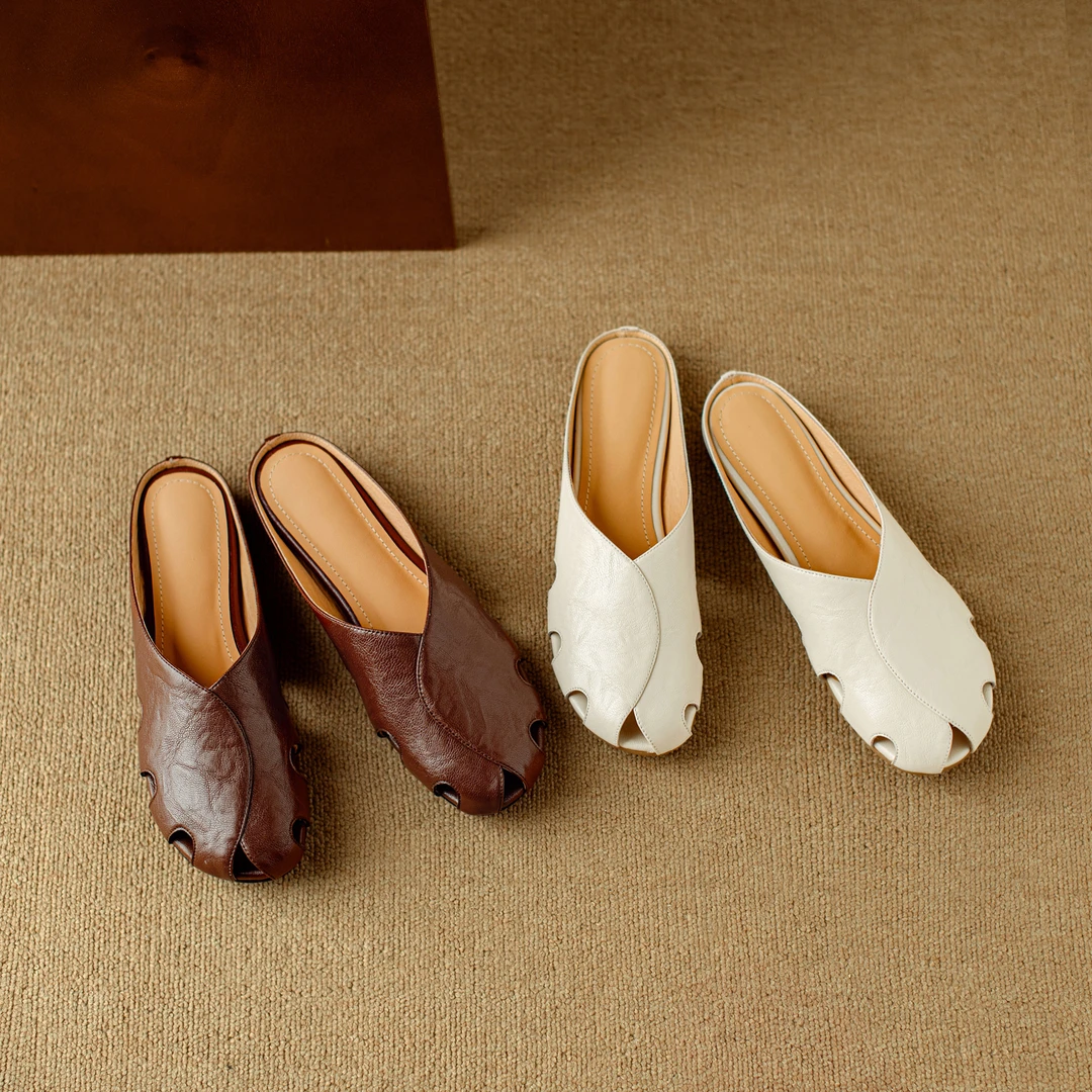 全牛皮断码清仓罗马风洞洞包头半拖鞋女夏外穿时尚粗跟懒人穆勒鞋