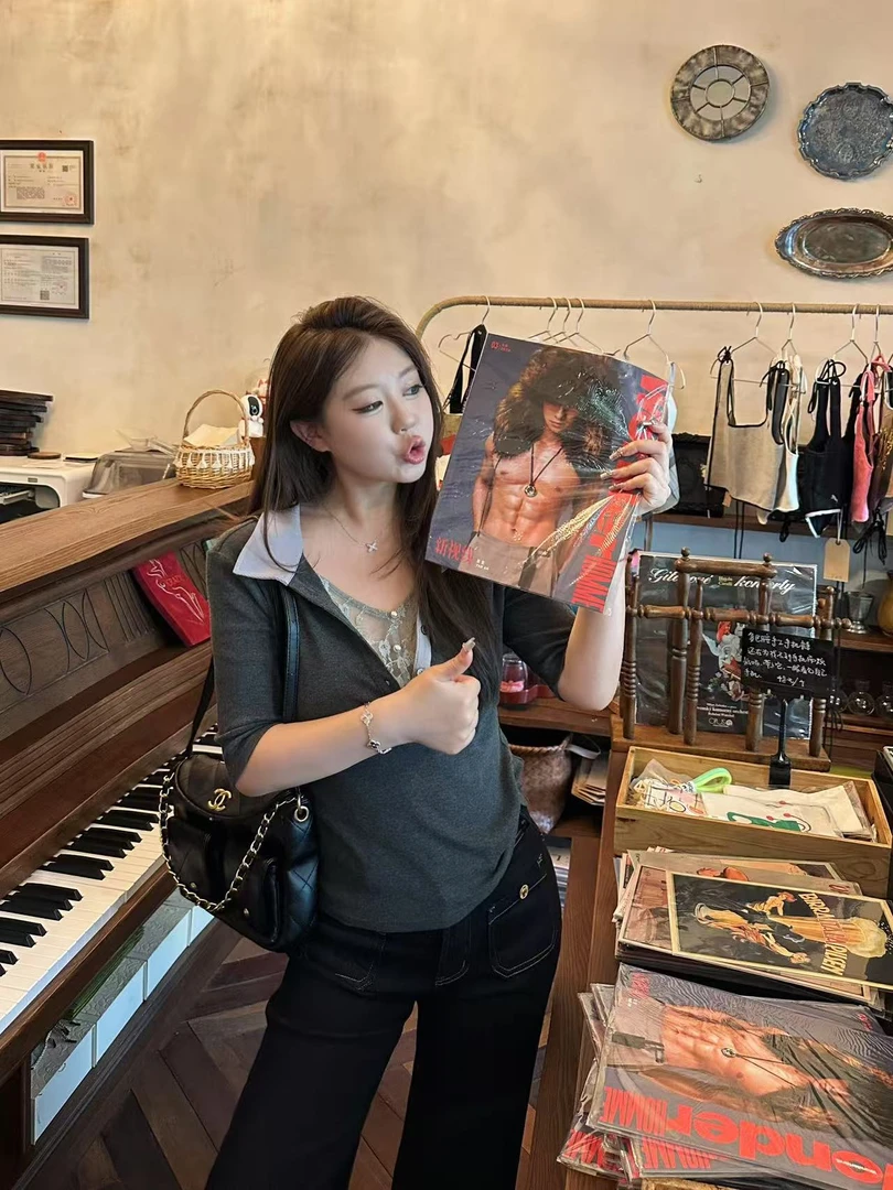 琪琪怪怪大码女装【英区日常】时尚蕾丝拼接复古假两件T恤T17469QD