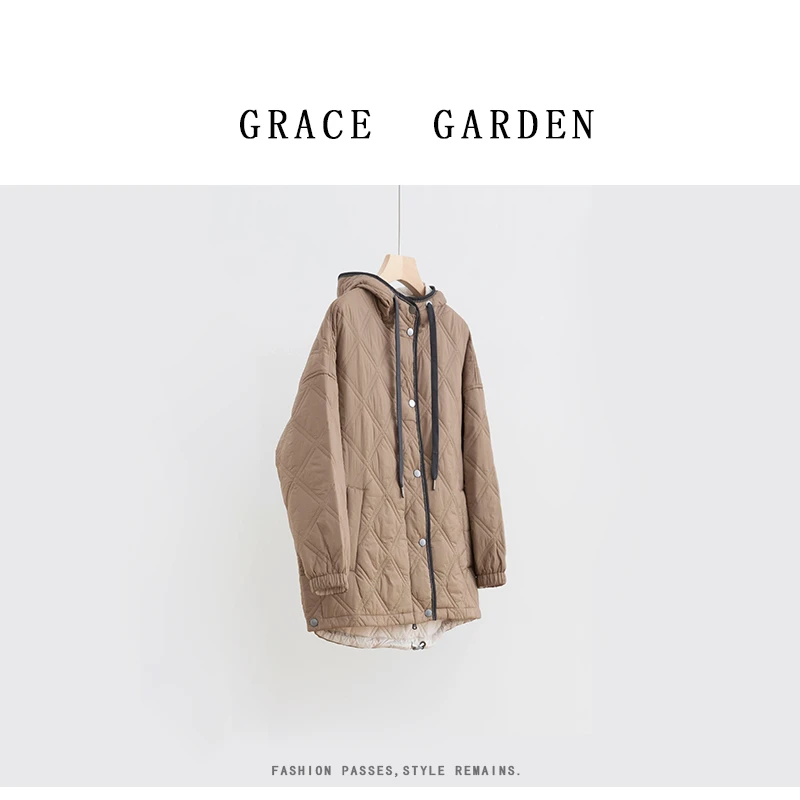 GRACE GARDEN【山茶！】菱格连帽宽松休闲棉服外套MF4H3108