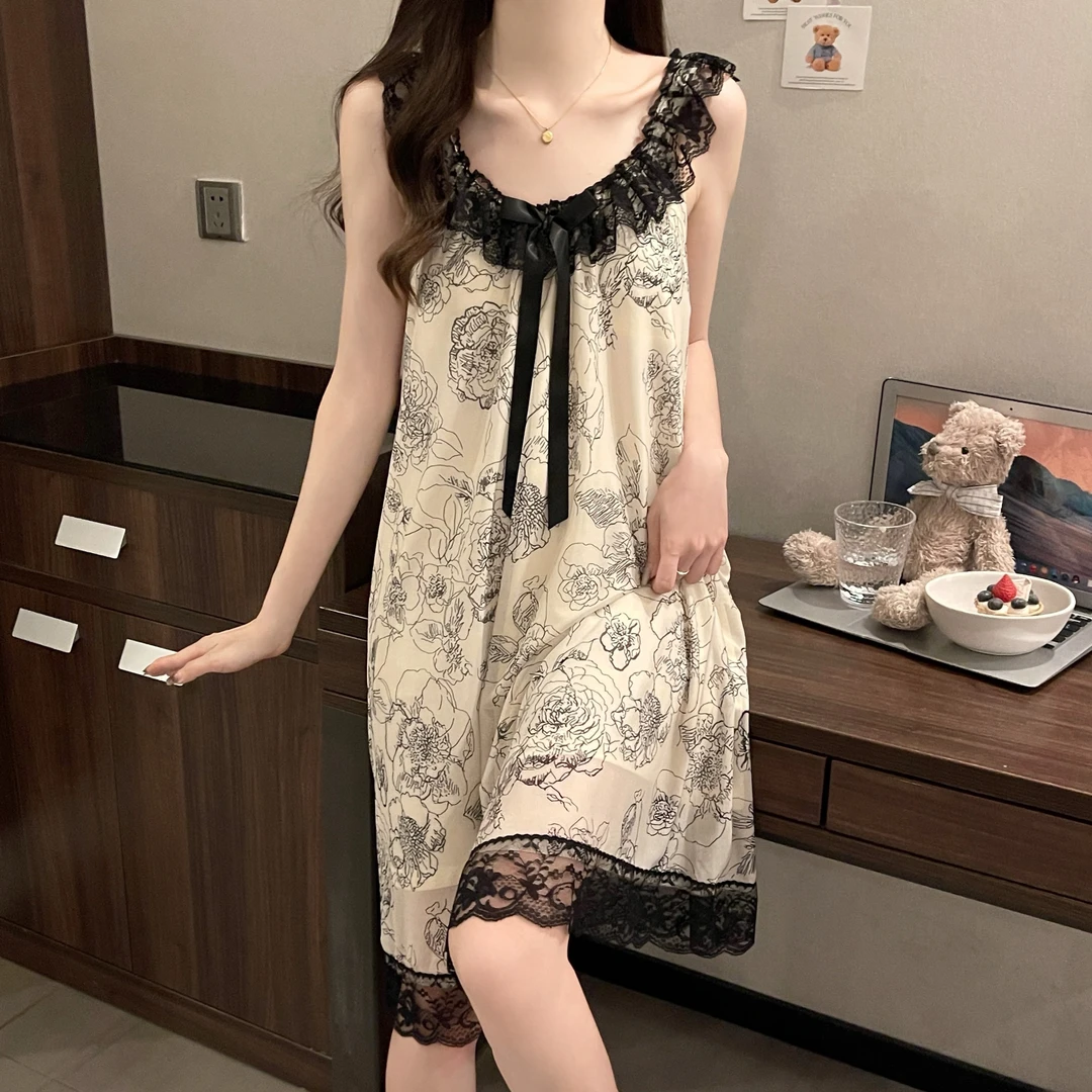 带胸垫睡裙女夏季新款网红爆款性感吊带背心裙水墨花卉中长款睡衣