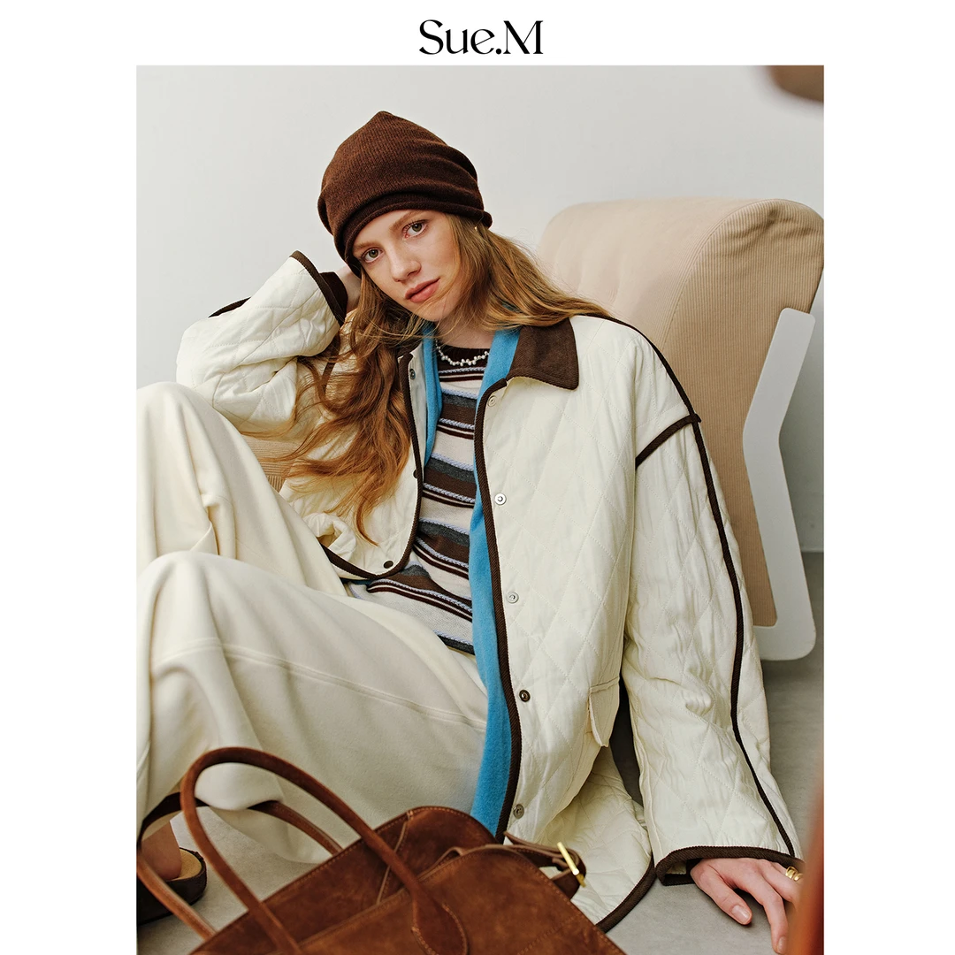 Sue.M 麂皮绒翻领絎棉外套25秋冬菱形格羊毛宽松廓形落肩撞色外套