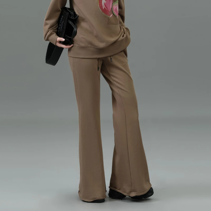 UTI新款卡其色运动风纯棉卫裤女百搭简约微喇休闲裤