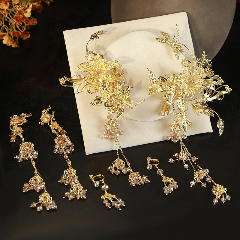 GZ323新款中式头饰秀禾服新娘结婚龙凤褂金色发簪发饰高级感大气