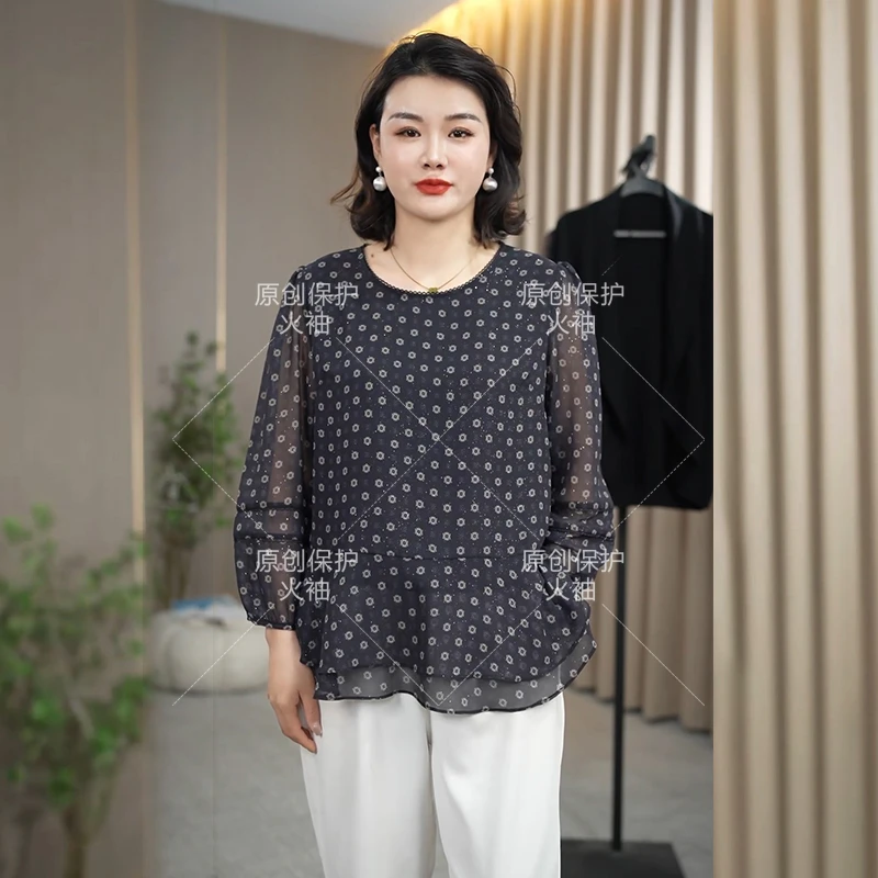 火袖F942高级感印花亮片上衣女春季2025新款宽松气质大码妈妈小衫