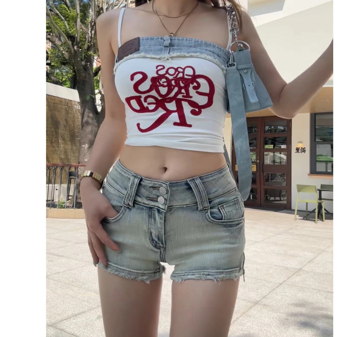 辣妹牛仔短裤舞团低腰高弹小个子浅蓝色夏季包臀热裤