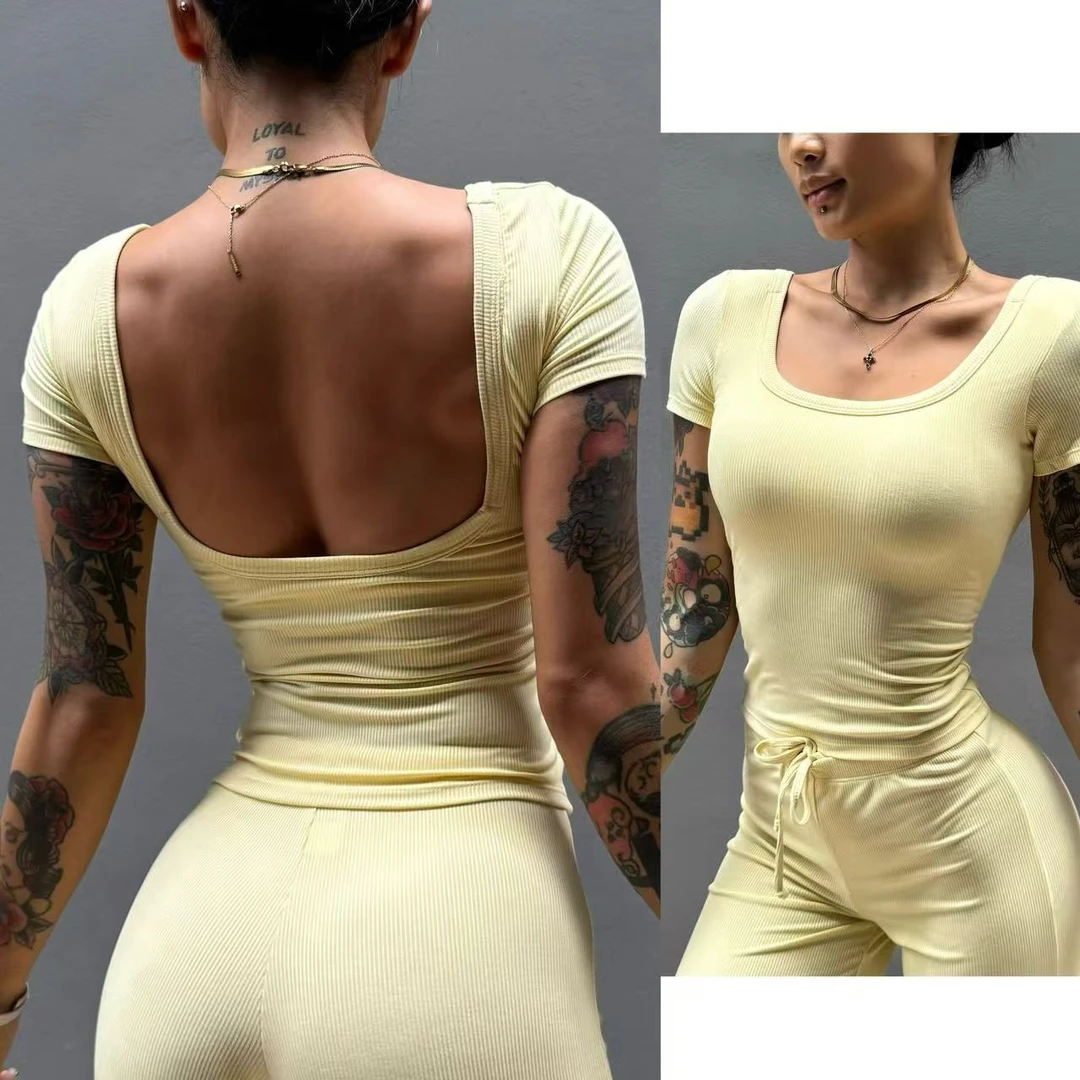 RGNANA带胸垫美背露背U领性感运动健身瑜伽外穿短袖女裸感弹力