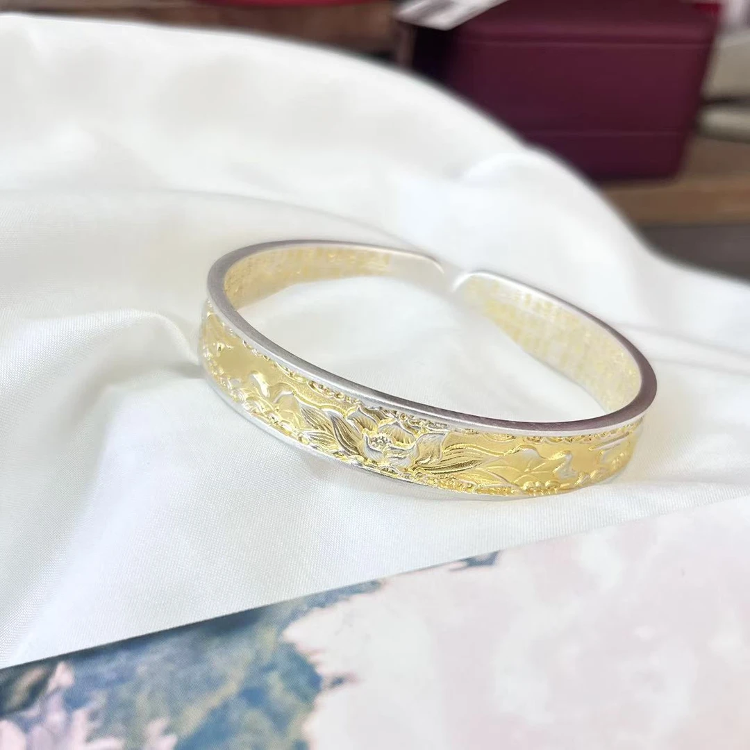 足银手镯 足银999.9【莲年有鱼】描金古风手镯