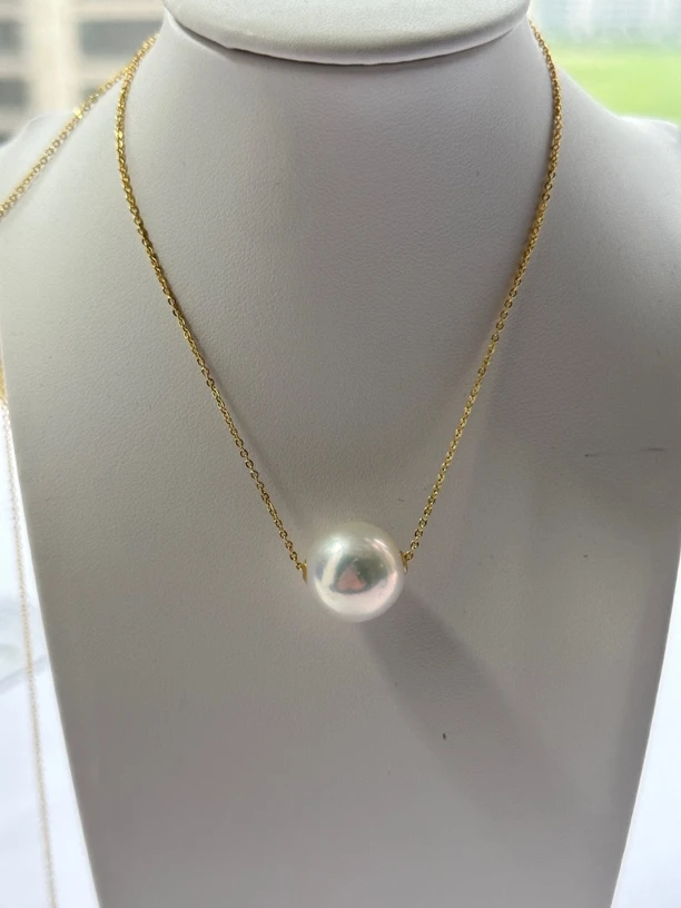 天然淡水珍14-15mm正圆极光大龙珠18K金路路通吊坠D628