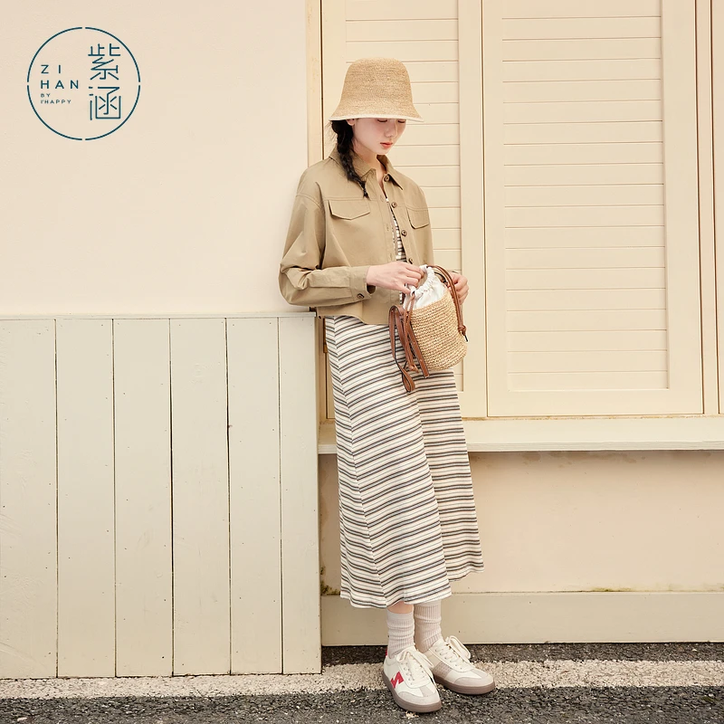 紫涵外套背心裙套装2025春季新款长款条纹连衣裙两件套Z5Z01AN040