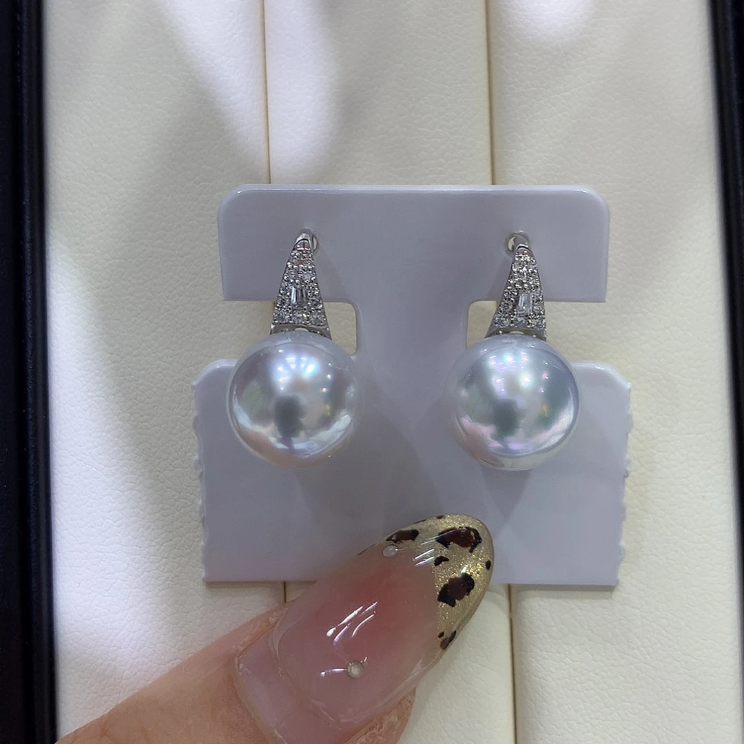 海水珍珠耳饰18K金镶嵌11/12mm澳白