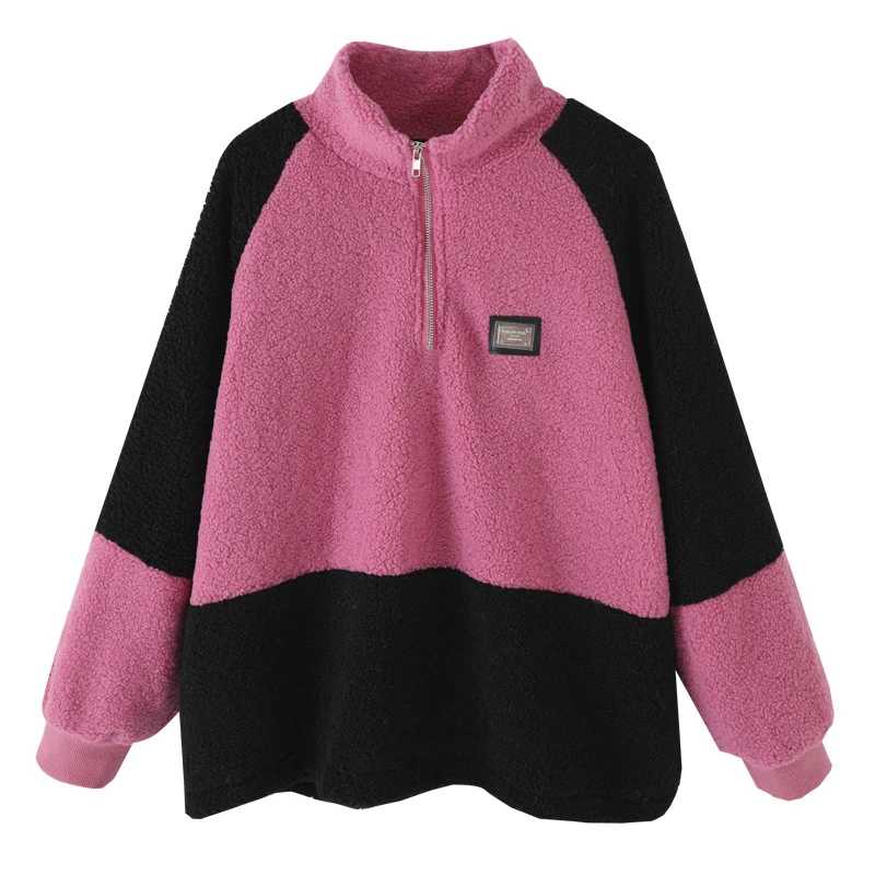 潮牌炸街中长款连帽立领卫衣女设计感撞色慵懒风宽松时尚拼接上衣