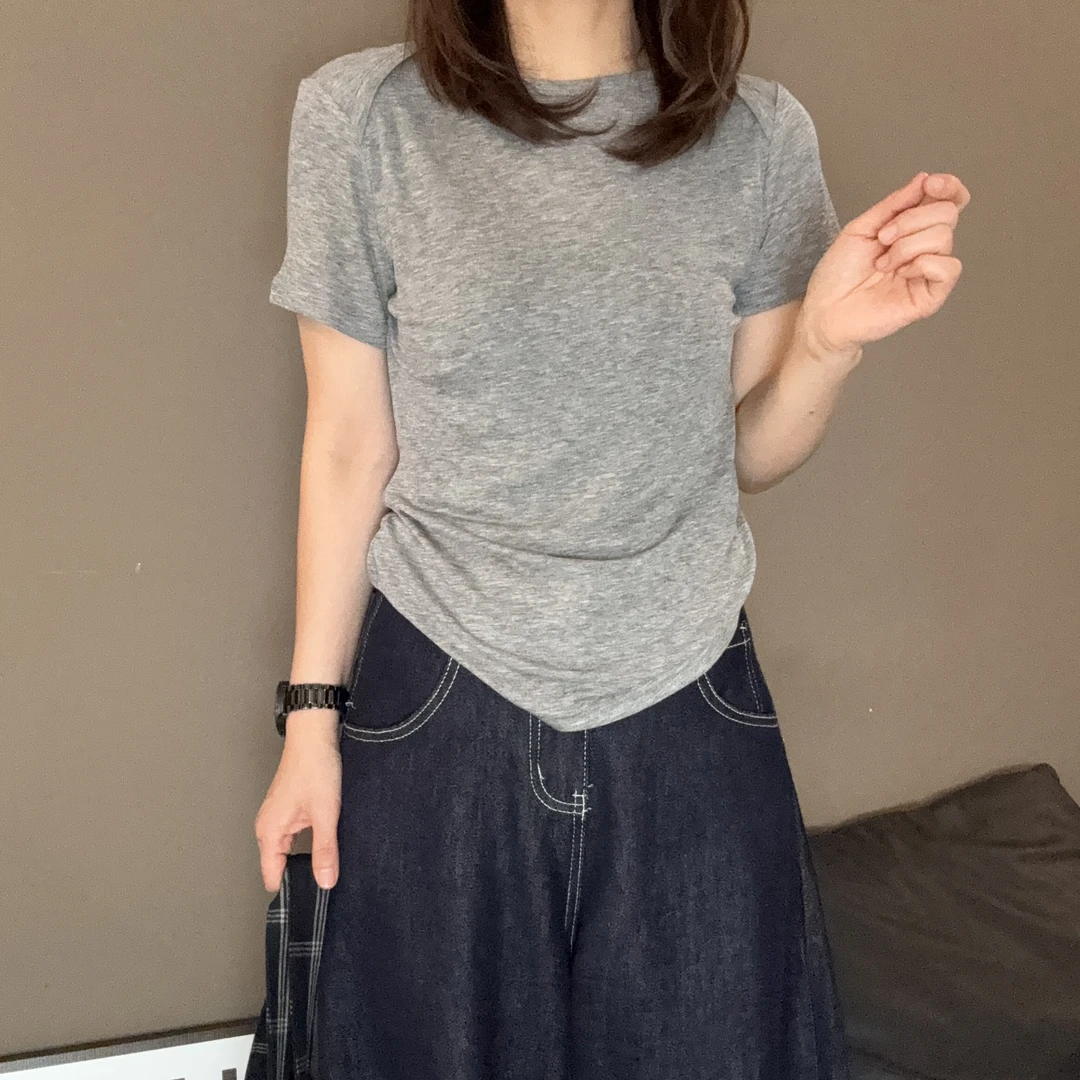夏季新款圆领正肩短袖T恤女时尚百搭修身显瘦打底衫-2592