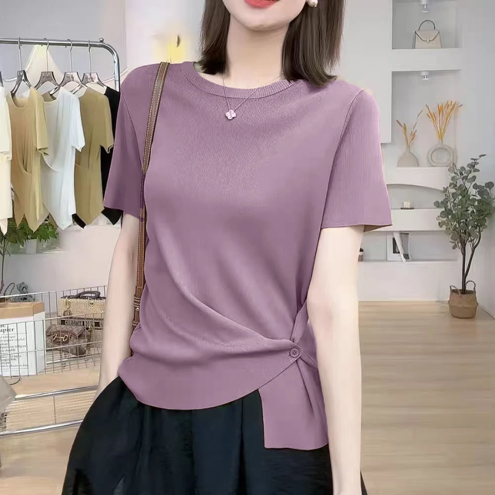 洋气衣服女圆领短袖不规则下摆轻薄冰感显瘦T恤夏季休闲t恤打底衫
