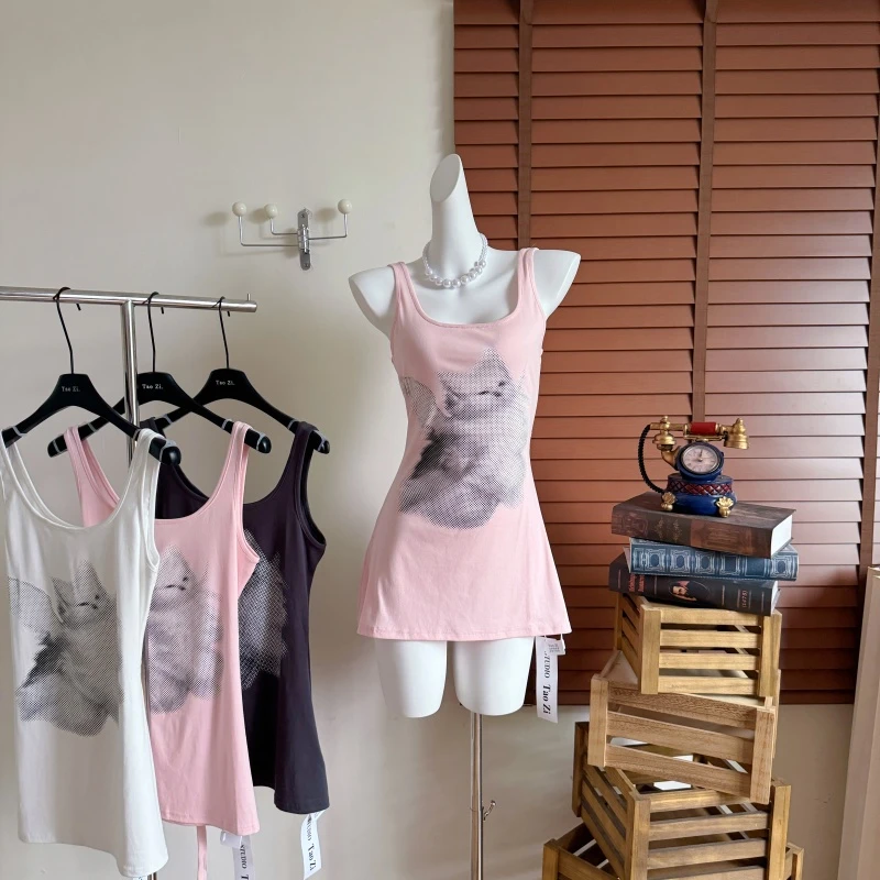 纯欲夏季百搭设计感纯欲大领口绑带吊带背心裙猫咪印花休闲风上衣