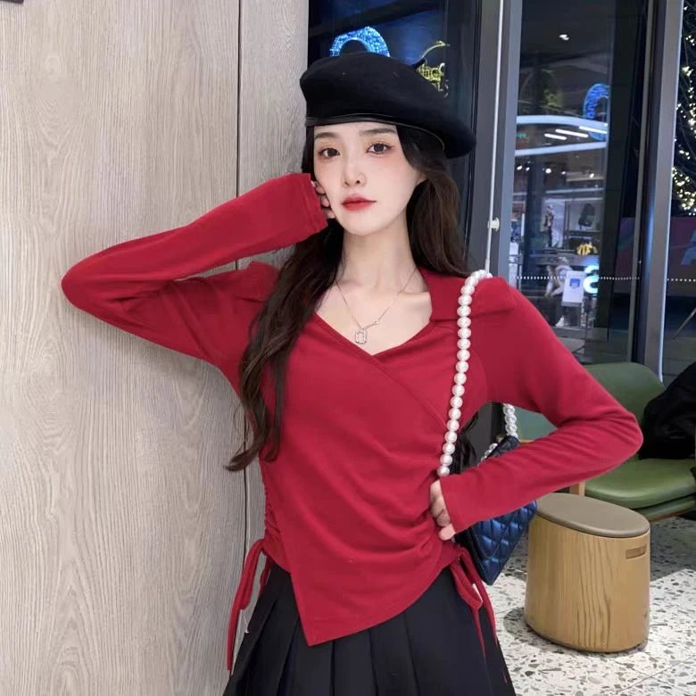 037甜辣妹V领polo衫女早春性感长袖T恤正肩短款气质绑带打底衫