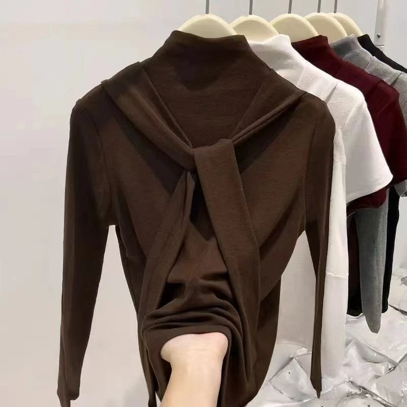洋气披肩设计感长袖打底衫女2025秋冬新款假两件修身t恤绑带上衣
