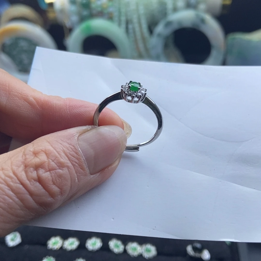 裸石翡翠天然翡翠925银镶嵌戒指