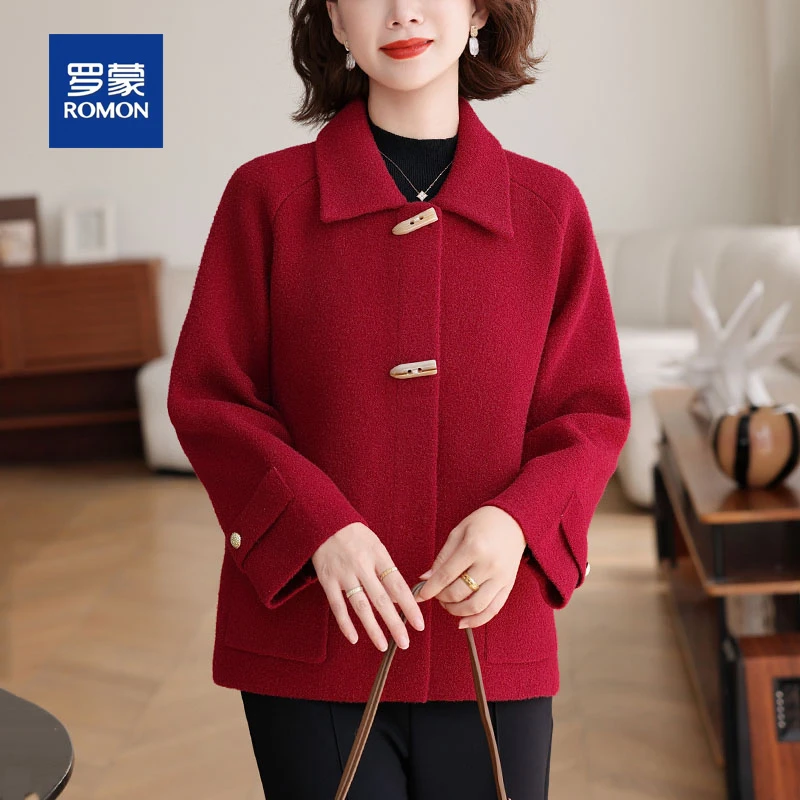 罗蒙喜婆婆妈妈装秋冬季新款毛呢外套中老年女装洋气喜庆呢子上衣